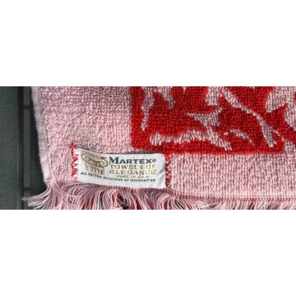 Vintage single hand towel Martex Towels of Elegance fringed red and pink 1970's